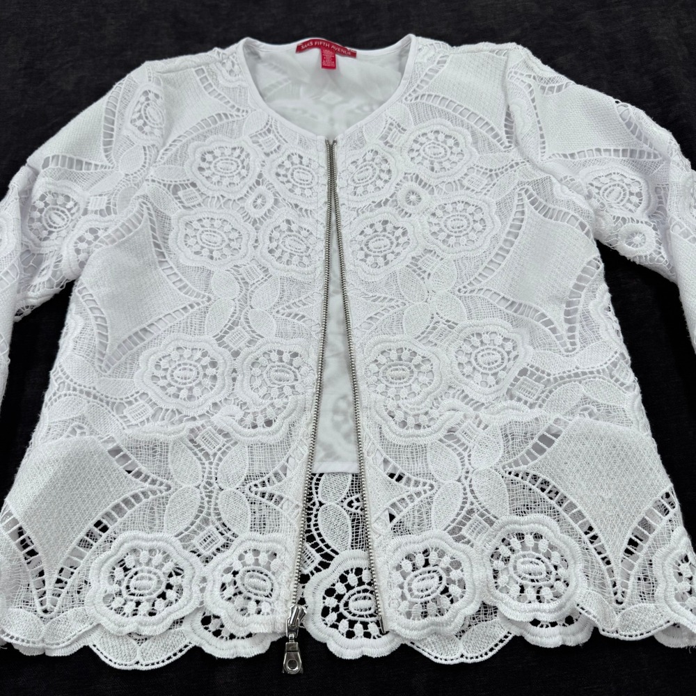 Saks Fifth Avenue Small White Lace Zip Jacket Floral Crochet Sheer Long Sleeve - Picture 2 of 9